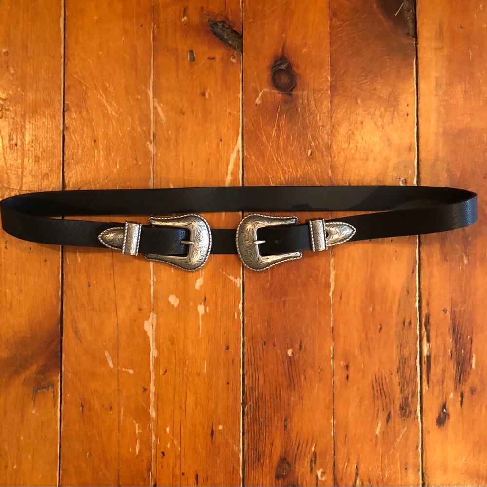 Double Silver Buckle Black Belt
